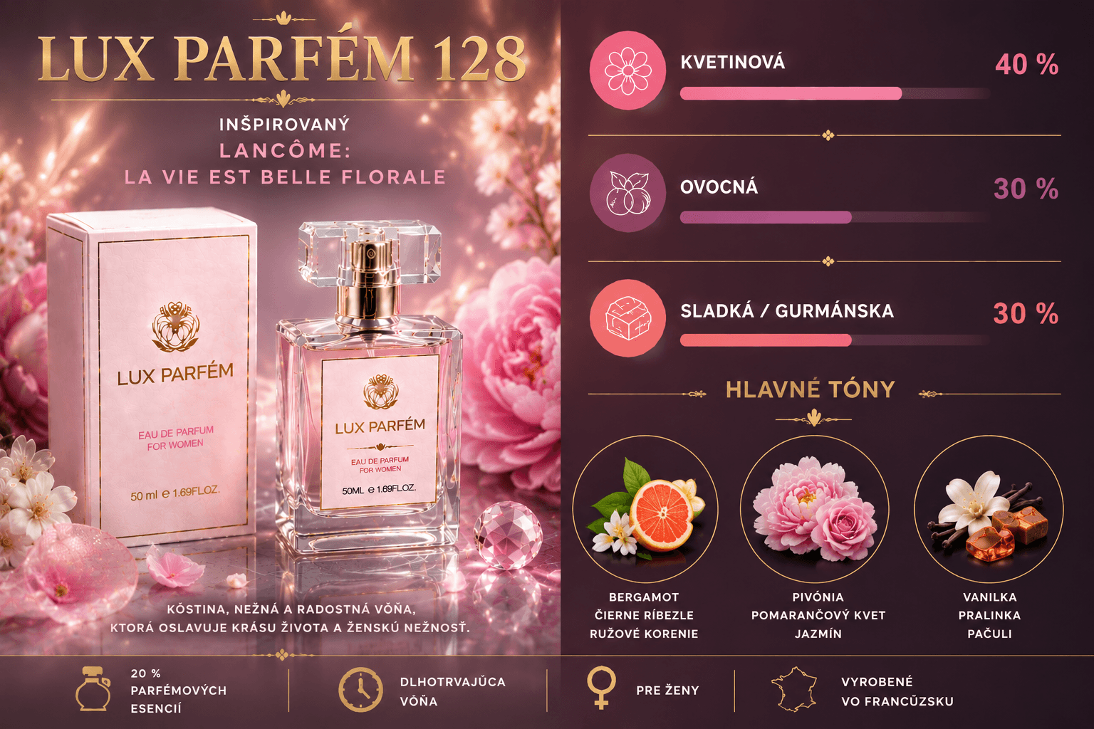 Lux Parfém 128 – Inšpirovaný Lancôme: La Vie Est Belle Florale